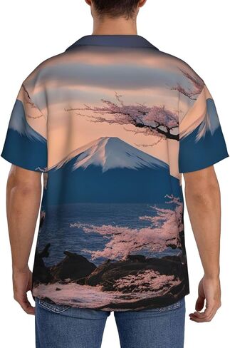 Men's Casual Japan Mount Fuji Landscape Print Short-Sleeved Shirt Button Down Shirt for Summer Beach Vacation Black in Saudi Arabia