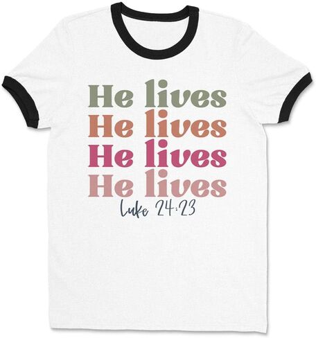 He Lives Luke 24:23 Bible Verse Ringer Tee Shirt Unisex in Saudi Arabia
