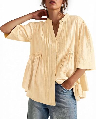 Cicy Bell Womens Peplum Button Down Shirts Summer V Neck Half Sleeve Blouses Dressy Casual Flowy Babydoll Tops in Saudi Arabia
