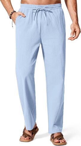 COOFANDY Men's Casual Cotton Pants Elastic Waist Drawstring Linen Beach Summer Pants Lightweight Yoga Trousers in Saudi Arabia