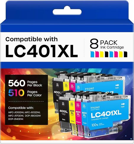 LC401XL LC401 Ink Cartridges Compatible with Brother LC401XL LC401 XL LC-401 Ink Cartridges Replacement for Brother MFC-J1010DW MFC-J1012DW MFC-J1170DW MFC-J1800DW Printer (8 Pack, BK/C/M/Y) in Kuwait