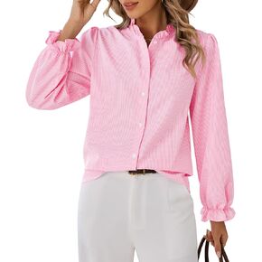 siliteelon Women's Plaid Button Down Shirts Long Sleeve Ruffle Collar Blouses Casual Cute Gingham Tops in Kuwait