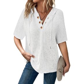 Hoodies for Women Oversized Waffle Knit V-Neck Summer Top Casual Drawstring Hooded Pullover Sweatshirt in Kuwait