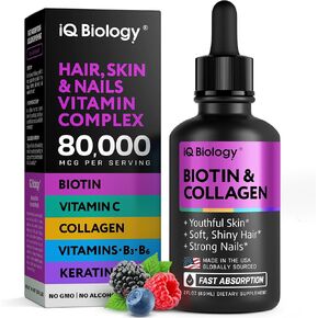 Liquid Biotin 5000mcg Drops – 80,000mcg Hair Growth Vitamins Complex with Astragalus, Collagen & Keratin | Made in the USA | Extra Strength Hair Skin and Nails Vitamins - Hair Vitamins for Women & Men in Kuwait