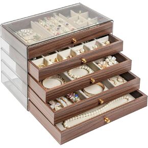 Wooden Jewelry Box for Women, 5-Layer Jewelry Organizers and Storage with 5 Drawers & Velvet Trays, Large Earring Holder, Necklace Ring Travel Case, Gift Box for Drawer, Wood in Saudi Arabia