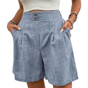 Women's High Waisted Linen Shorts Summer Casual Wide Leg Shorts with Pockets Button Plain Office Beach Vacation Pants in Saudi Arabia