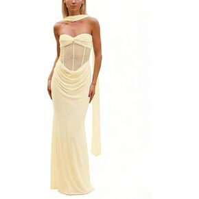 Women Tube Top Dres Sexy Lace Patchwork Maxi Dress Strapeless Mesh See Through Ruched Long Dresses with Scarf Summer in Kuwait