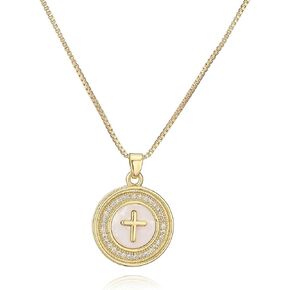 18K Gold Plated Cross Pendant Necklace for Women, Elegant Mother of Pearl Medallion Cross with Cubic Zirconia Inlay, Vintage Faith Jewelry for Daily Wear and Gifts in Saudi Arabia