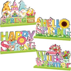 4 قطع من ديكورات الربيع قطع مركزية للطاولة الخشبية، ديكورات طاولة مرحبًا بالربيع، شاحنة زهرة جنوم، ديكور سطح الطاولة الخشبي على شكل فراشة للمنزل والمكتب والمزرعة وديكور الطاولة in Kuwait