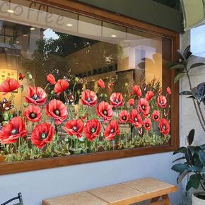 Removable Red Flower Window Clings Spring Floral & Butterfly Window Stickers Static Cling Decals Living Room Bedroom Window Decor (Red) in Saudi Arabia