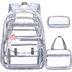 حقيبة ظهر شفافة للبنات - 3 قطع حقيبة ظهر شفافة شديدة التحمل مع حقيبة غداء - انظر من خلال حقيبة الكتب المعتمدة للأطفال في المدارس المتوسطة والثانوية والسفر الرياضي (رمادي ديزي) in Kuwait