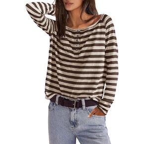 Nirovien Womens Striped Henley Shirts Oversized Long Sleeve T Shirts Casual Pullover Spring Tops Basic Tees in Kuwait