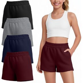 مجموعة من 4 شورتات رياضية للفتيات في سن المراهقة بخصر مطاطي للأطفال، شورتات رياضية صيفية غير رسمية مع جيوب من 5 إلى 14 سنة in Kuwait