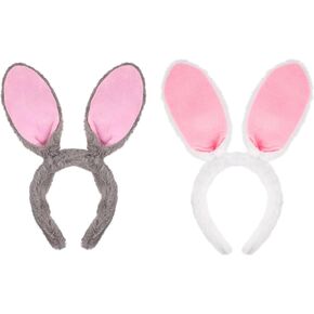 2PCS Easter Bunny Headbands,Adjustable Easter Bunny Ears,Plush Rabbit Animal Hairband,Grey & White Rabbit Ears Costume Accessories, Headpieces Gift for Adults Birthday Easter Cosplay in Kuwait