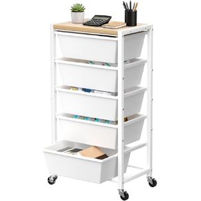 عربة دوارة مع 5 أدراج، عربات تخزين بأدراج بلاستيكية مع عجلات ومنضدة خشبية، عربة أدوات معدنية للمكتب وغرفة النوم وغرفة المعيشة والفصول الدراسية وتنظيم الحرف اليدوية والتخزين، أسود داكن in Kuwait