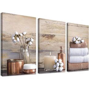 GUTTATY 3 قطعة الحمام النباتية الزهور قماش جدار الفن، ريفي خمر مزرعة زهرة صور، بوهو غرفة المعيشة غرفة نوم ديكور جدار، البني والأبيض طباعة قماش مستوحاة سبا، 12 "× 18" × 3PCS in Kuwait