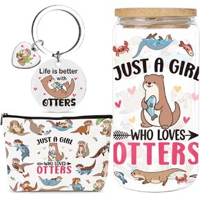 Otter Gifts for Women - 4 Pcs Sea Otters Themed Glass Mug Makeup Bag Keychain Gift Box, Christmas Birthday Holiday Festival Present for Otter Lovers Friends in Kuwait