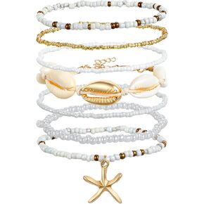 7Pcs Shell Bracelet, Beach Bracelets with Seashell & Starfish Beads, Boho Stackable Stretch Bracelets for Summer Vacation, Seaside Party Gift Set in Kuwait