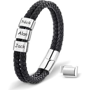 سوار جلدي رجالي من Dreamdecor مع خرز مخصص - مجوهرات بأسماء محفورة، هدايا مخصصة للرجال الأب in Kuwait