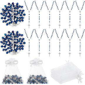 15Pcs Rosary Bead Bulk, Blue Glass Necklace with Cross Crucifix Crystal Bead Rosary Necklace Rosary Rosarios Catolicos Gifts with 15pc White Organza Bags for Easter Men Women in Kuwait