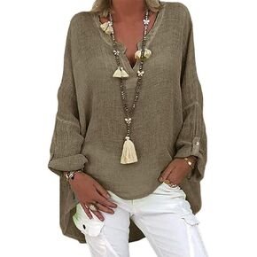 Womens Summer Tops Oversized Long Sleeve Shirts Lightwghit Cotton Linen Summer Vacation Beach Blouses Clother in Kuwait