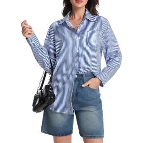 قمصان مخططة بأكمام طويلة وأزرار سفلية للسيدات، قمصان كاجوال بياقة مع جيوب in Kuwait