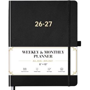 Planner 2026-2027 - Academic Planner 2026-2027, July 2026 - June 2027, 8'' x 10'', 26-27 Planner Weekly and Monthly, 26-27 Calendar Planners with Pen Holder, Elastic Closure, Leather Hardcover - Black in Kuwait