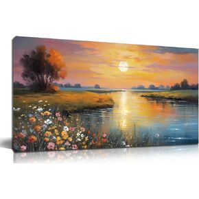 برتقالي أصفر غروب الشمس بحيرة المناظر الطبيعية قماش جدار الفن مع الزهور البرية الملونة النابضة بالحياة والجبال البعيدة، مشهد الطبيعة الهادئة صورة طباعة اللوحة الفنية لغرفة المعيشة ديكور غرفة نوم 40x20 بوصة in Kuwait