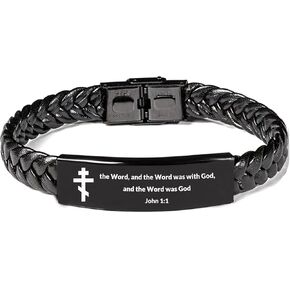 Orthodox Cross Christian Stainless Steel Bracelet - Personalized Engraved Jesus Prayer Jewelry, Adjustable John 1:1 Orthodox Easter Cuff for Baptism Gifts or Monastery or Prodigal Son gifts in Kuwait