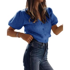 Bianstore Women's Puff Short Sleeve Sweater Casual V Neck Cardigan Tops Ribbed Knit Button Down Shirts(Blue-M) in Kuwait