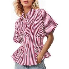 قمصان نسائية مخططة بأزرار سفلية وأكمام قصيرة وقمصان بيبلوم أنيقة كاجوال وطية صدر السترة، بلوزة صيفية للعمل، أحمر أبيض، متوسط in Kuwait