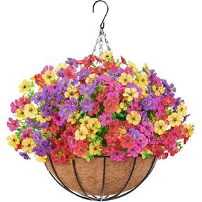 Lifewit 12 Bundles Artificial Hanging Daisy Flowers Baskets for Outdoor Decor, Plastic Fake Flowers for Indoor Garden Porch Patio Balcony, Mix for Fuchsia Purple Yellow Red in Kuwait