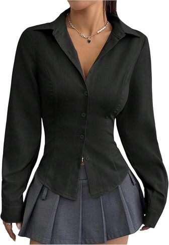 SweatyRocks Women's Solid Asymmetrical Hem Button Down Shirt Long Sleeve Collared Slim Fit Dressy Blouse Tops in Saudi Arabia