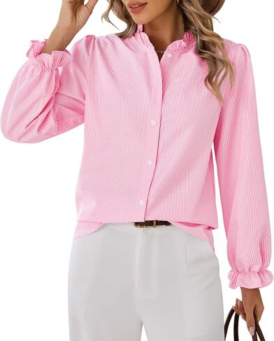 siliteelon Women's Plaid Button Down Shirts Long Sleeve Ruffle Collar Blouses Casual Cute Gingham Tops in Kuwait