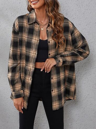 Women's Plaid Oversized Shacket Long Sleeve Button-Down Shirt Jacket for Casual Layering Street Style in Saudi Arabia