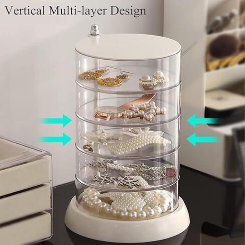 5-Layers Rotating Small Jewelry Boxes, Travel Jewelry Box Tray Case with Lid for Earrings Hair Accessories & Beauty Supplies Necklaces Bracelets Watches, Gift for Women Teen Girls in Kuwait