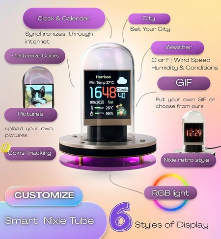 Nixie Tube Clock | Smart App Control Digital Clock, Customizable Display Settings, Retro Futuristic Cyberpunk Design Desk Timepiece, Unique Unusual Present for Home or Office, Flask Table Clock in Saudi Arabia