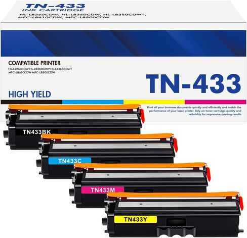 TN433 TN-433 Toner Compatible for Brother TN433 Toner Cartridge Set TN431 TN-431 TN-433BK TN-433C TN-433M TN-433Y MFC-L8900Cdw HL-L8260CDW HL-L8360CDW MFC-L8610CDW HL-L8360CDWT Printer (4-Pack) in Kuwait