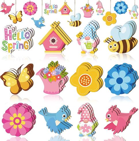 Barydat 36 Pcs Spring Ornaments for Tree Spring Wood Hanging Ornaments Flower Butterfly Gnome Decorations for Small Tree for Home Yard Garden DIY Craft Colorful Party Favor in Saudi Arabia