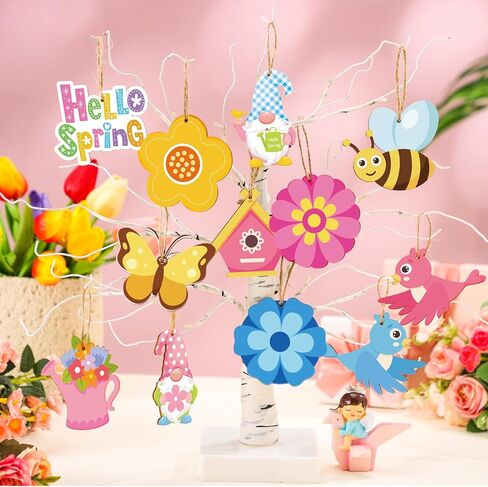 Barydat 36 Pcs Spring Ornaments for Tree Spring Wood Hanging Ornaments Flower Butterfly Gnome Decorations for Small Tree for Home Yard Garden DIY Craft Colorful Party Favor in Saudi Arabia