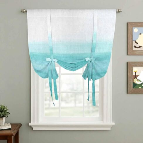 Aqua White Ombre Tie Up Curtains for Window, Chic Modern Funny Abstract Striped Art Thermal Insulated Balloon Shade Adjustable Rod Pocket Curtains Valance Panels for Kitchen Bathroom Café 52'' x 63'' in Saudi Arabia