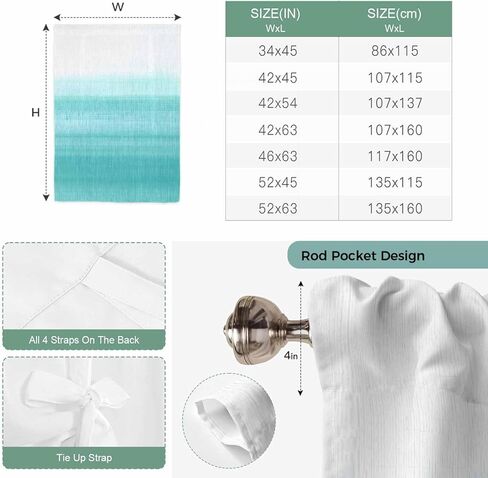 Aqua White Ombre Tie Up Curtains for Window, Chic Modern Funny Abstract Striped Art Thermal Insulated Balloon Shade Adjustable Rod Pocket Curtains Valance Panels for Kitchen Bathroom Café 52'' x 63'' in Saudi Arabia