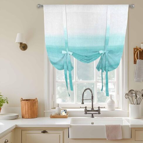 Aqua White Ombre Tie Up Curtains for Window, Chic Modern Funny Abstract Striped Art Thermal Insulated Balloon Shade Adjustable Rod Pocket Curtains Valance Panels for Kitchen Bathroom Café 52'' x 63'' in Saudi Arabia