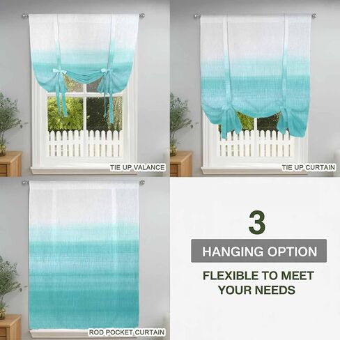 Aqua White Ombre Tie Up Curtains for Window, Chic Modern Funny Abstract Striped Art Thermal Insulated Balloon Shade Adjustable Rod Pocket Curtains Valance Panels for Kitchen Bathroom Café 52'' x 63'' in Saudi Arabia