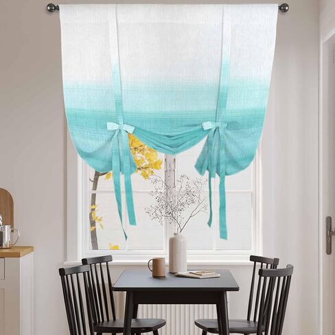 Aqua White Ombre Tie Up Curtains for Window, Chic Modern Funny Abstract Striped Art Thermal Insulated Balloon Shade Adjustable Rod Pocket Curtains Valance Panels for Kitchen Bathroom Café 52'' x 63'' in Saudi Arabia
