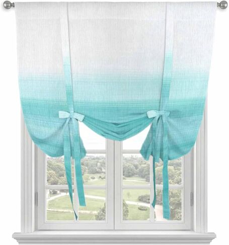 Aqua White Ombre Tie Up Curtains for Window, Chic Modern Funny Abstract Striped Art Thermal Insulated Balloon Shade Adjustable Rod Pocket Curtains Valance Panels for Kitchen Bathroom Café 52'' x 63'' in Saudi Arabia