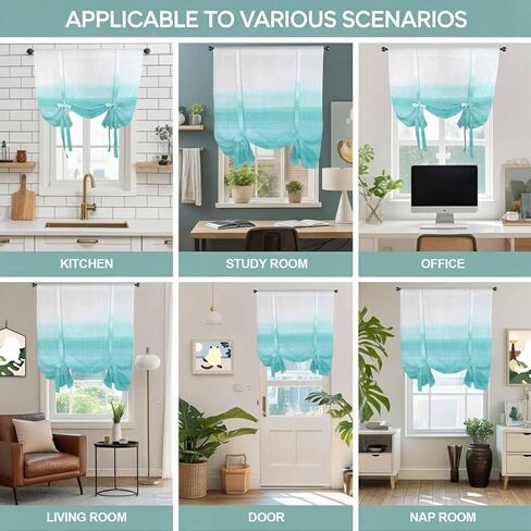 Aqua White Ombre Tie Up Curtains for Window, Chic Modern Funny Abstract Striped Art Thermal Insulated Balloon Shade Adjustable Rod Pocket Curtains Valance Panels for Kitchen Bathroom Café 52'' x 63'' in Saudi Arabia