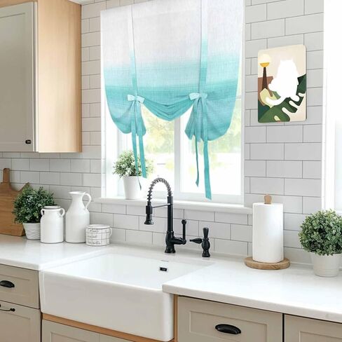Aqua White Ombre Tie Up Curtains for Window, Chic Modern Funny Abstract Striped Art Thermal Insulated Balloon Shade Adjustable Rod Pocket Curtains Valance Panels for Kitchen Bathroom Café 52'' x 63'' in Saudi Arabia
