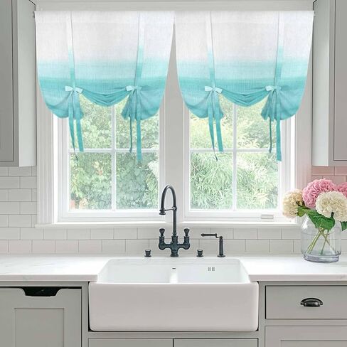 Aqua White Ombre Tie Up Curtains for Window, Chic Modern Funny Abstract Striped Art Thermal Insulated Balloon Shade Adjustable Rod Pocket Curtains Valance Panels for Kitchen Bathroom Café 52'' x 63'' in Saudi Arabia