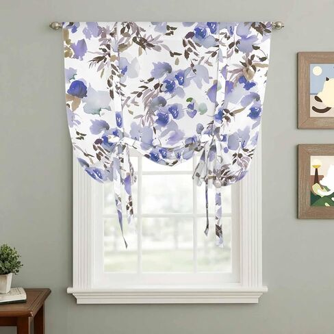 Purple Brown Spring Floral Tie Up Curtains for Window, Watercolor Blooming Botanical Summer Thermal Insulated Balloon Shade Rod Pocket Curtains Valance Panels for Kitchen Bathroom Café 52'' x 45'' in Saudi Arabia